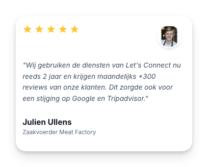 Recensie van Julien Ullens over Let's Connect met 5 sterren en positieve klantbeoordelingen op Google en Tripadvisor.