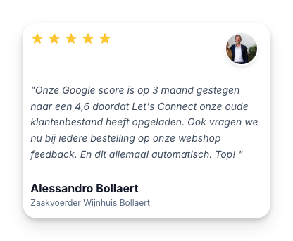 Review van Alessandro Bollaert over verbeterde Google-score door Let's Connect, met vijf sterren beoordeling.