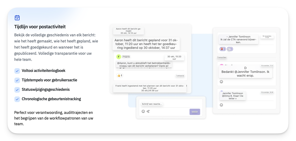 Matixs.com-screenshot-000498 Overzicht van postactiviteiten met tijdlijn, logs, tijdstempels en tracking voor teamtransparantie en verantwoording.