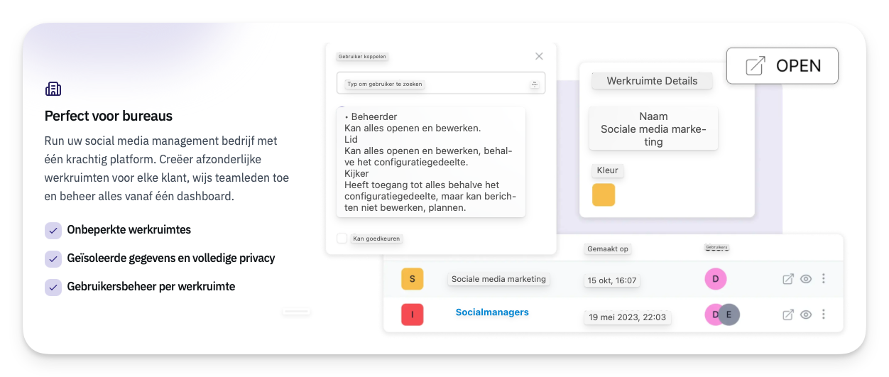 Matixs.com-screenshot-000499 Dashboard voor social media management bureaus met werkruimtebeheer en privacy functies.
