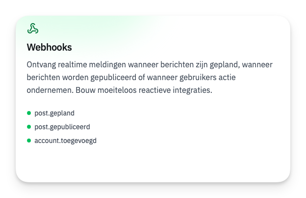 Matixs.com-screenshot-000501 Webhooks beschrijving met voorbeelden van meldingen zoals post.gepland, post.gepubliceerd en account.toegevoegd.