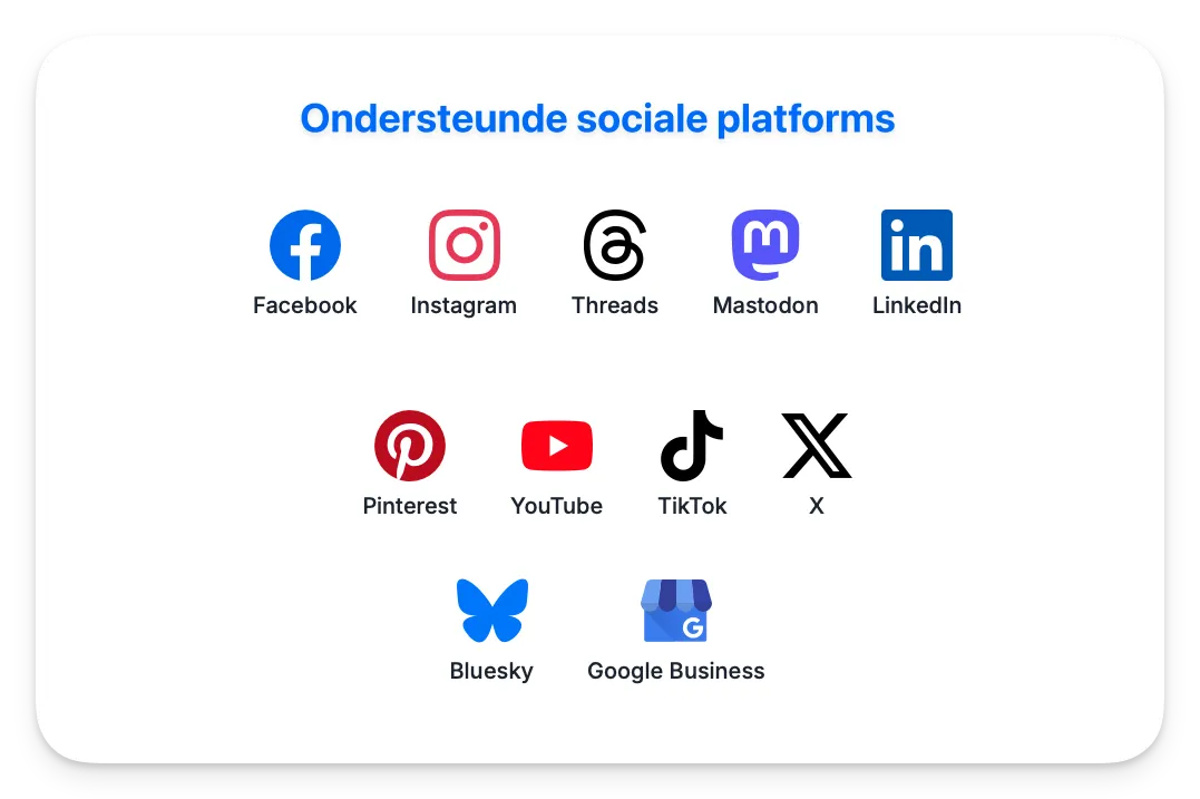 Social-logos Ondersteunde sociale platforms: Facebook, Instagram, Threads, Mastodon, LinkedIn, Pinterest, YouTube, TikTok, X, Bluesky, Google Business.